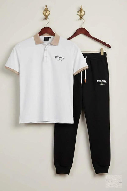 Men Printed Polo Track Suit White Black Set