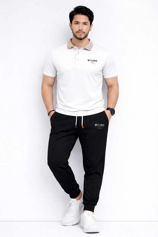 Men Printed Polo Track Suit White Black Set